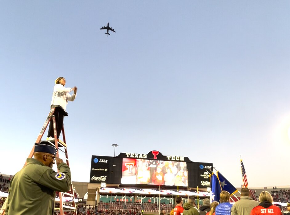 Members of the 507th Air Refueling Wing, Tinker Air Force Base, Oklahoma, participates in a flyover of a Texas Tech football game in honor of Veteran's Day weekend with Gen. Charles Q. Brown, Chief of Staff of the Air Force in attendance.