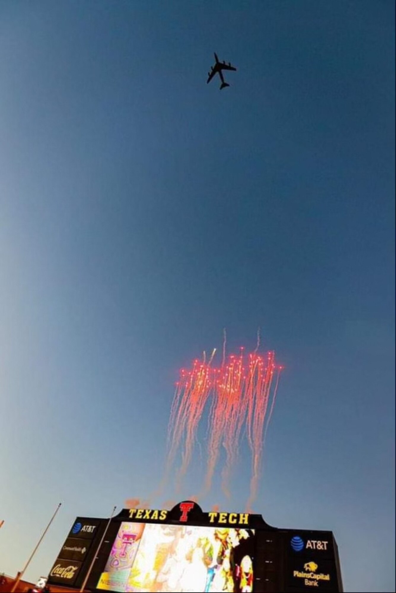 Members of the 507th Air Refueling Wing, Tinker Air Force Base, Oklahoma, participates in a flyover of a Texas Tech football game in honor of Veteran's Day weekend with Gen. Charles Q. Brown, Chief of Staff of the Air Force in attendance.