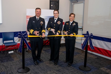 Vice Admiral William Galinis, Commander, Naval Sea Systems Command; Captain Dianna Wolfson, Norfolk Naval Shipyard Commander; and Rear Admiral Maria “Lore” Aguayo, Commander, Naval Facilities Engineering Systems Command Atlantic, cut the ribbon for Norfolk Naval Shipyard’s new Production Training Facility Nov. 30