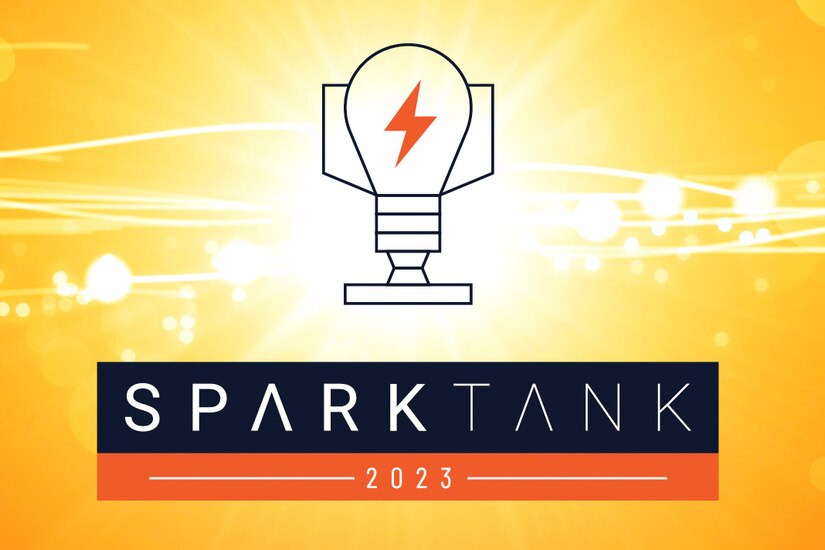 Graphic with yellow background, light bulb with lightning symbol, and banner.