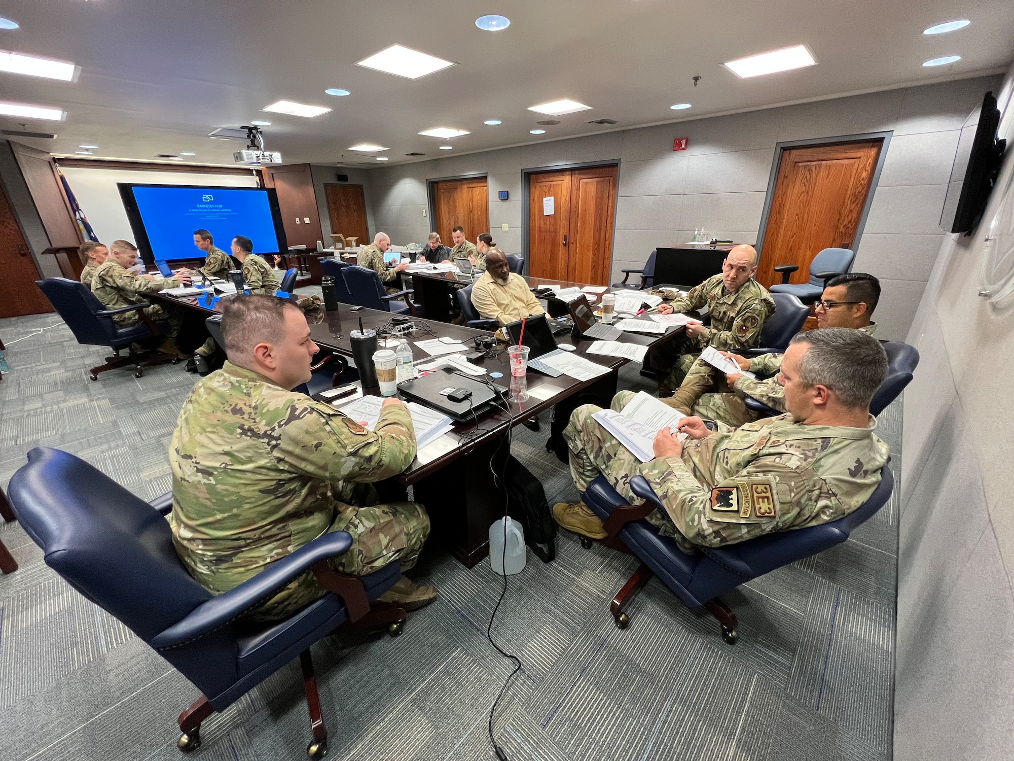 Air Force professional military education instructors discuss Non-Commissioned Officer Academy curriculum with writers from the Barnes Center for Enlisted Education, Maxwell Air Force Base-Gunter Annex, Nov. 29, 2022.