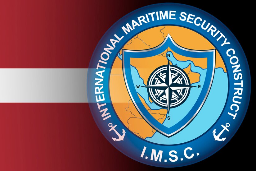 Graphic illustration of the Latvia flag and International Maritime Security Construct logo.