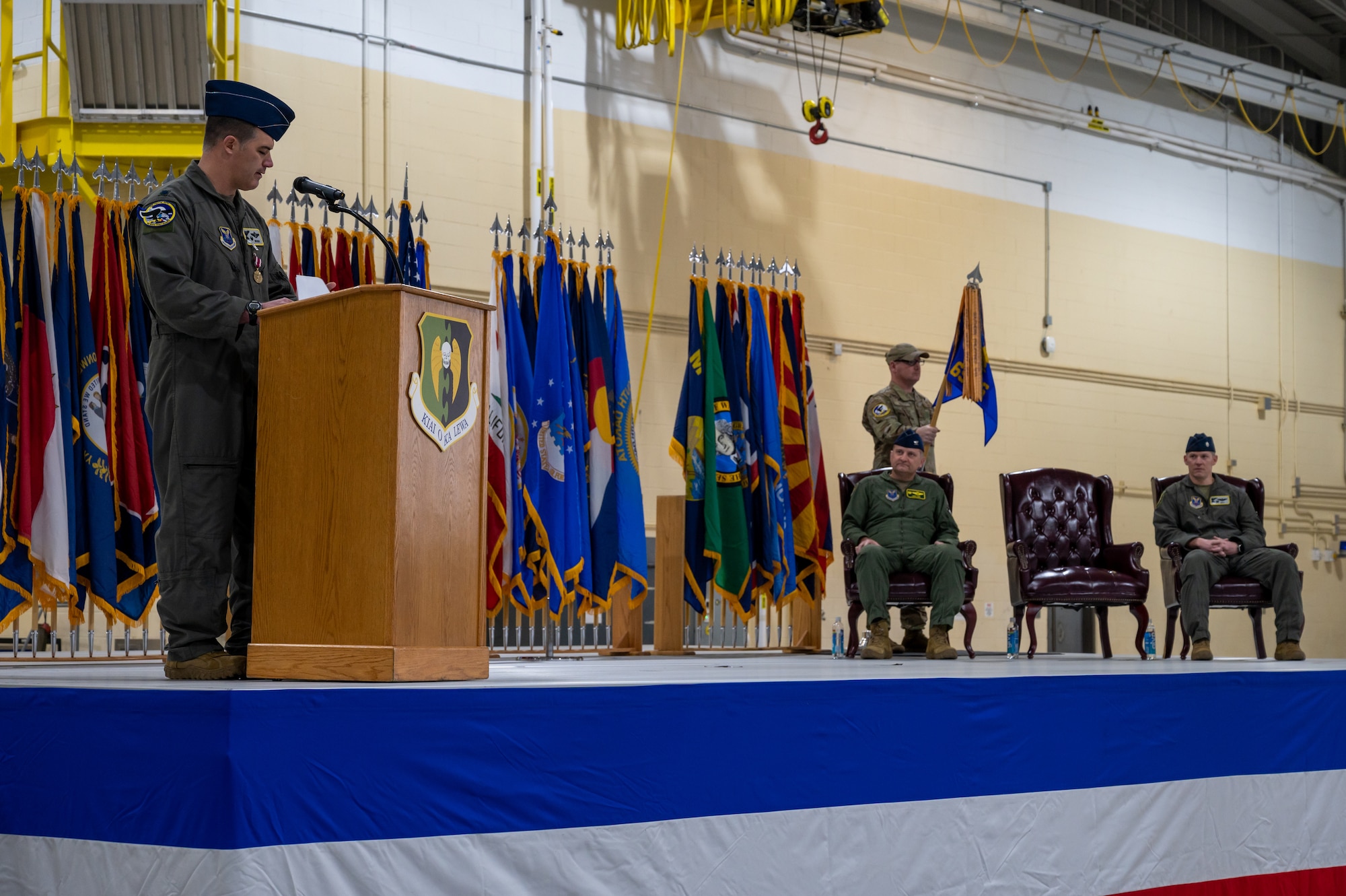 Lt. Col. Bryson Ayers delivers a speech to the 69th Bomb Squadron. at Minot Air Force Base, N.D., Dec. 2, 2022. The 69th BS operates the B-52H Stratofortress, the world’s premiere heavyweight bomber. (U.S. Air Force Photo by Airman 1st Class Alexander Nottingham)