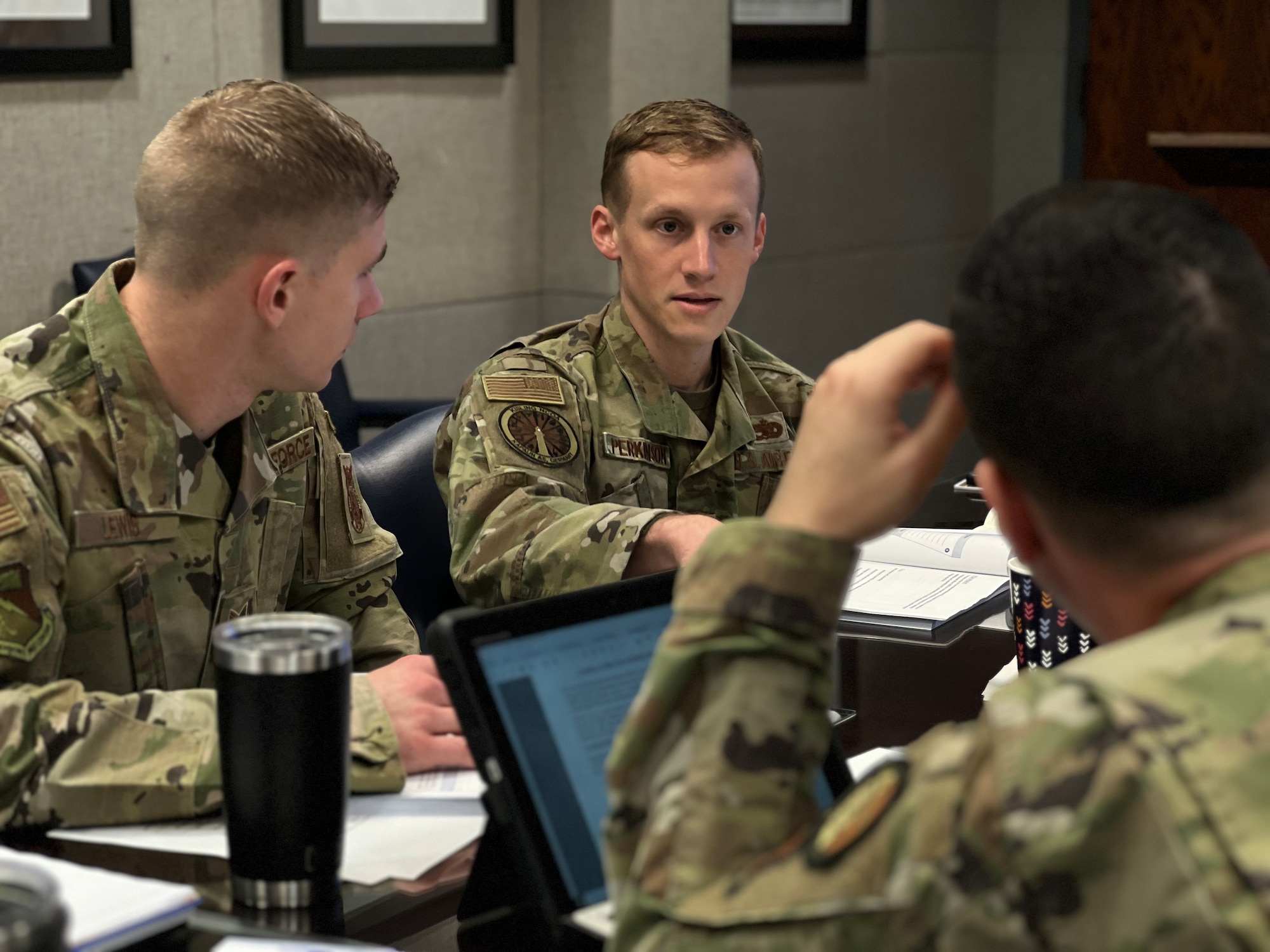Air Force professional military education instructors discuss Non-Commissioned Officer Academy curriculum with writers from the Barnes Center for Enlisted Education, Maxwell Air Force Base-Gunter Annex, Nov. 29, 2022.
