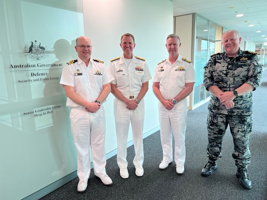 Rear Adm. Ron Piret, Commander, Naval Meteorology and Oceanography Command, met with Commodore Stewart Dunne, Director General Maritime Geospatial and Australian Geospatial-Intelligence Organisation and others at the Australian Government Defence building in Canberra during his visit to Australia for a scheduled visit to the region, Nov 7-11, 2022.