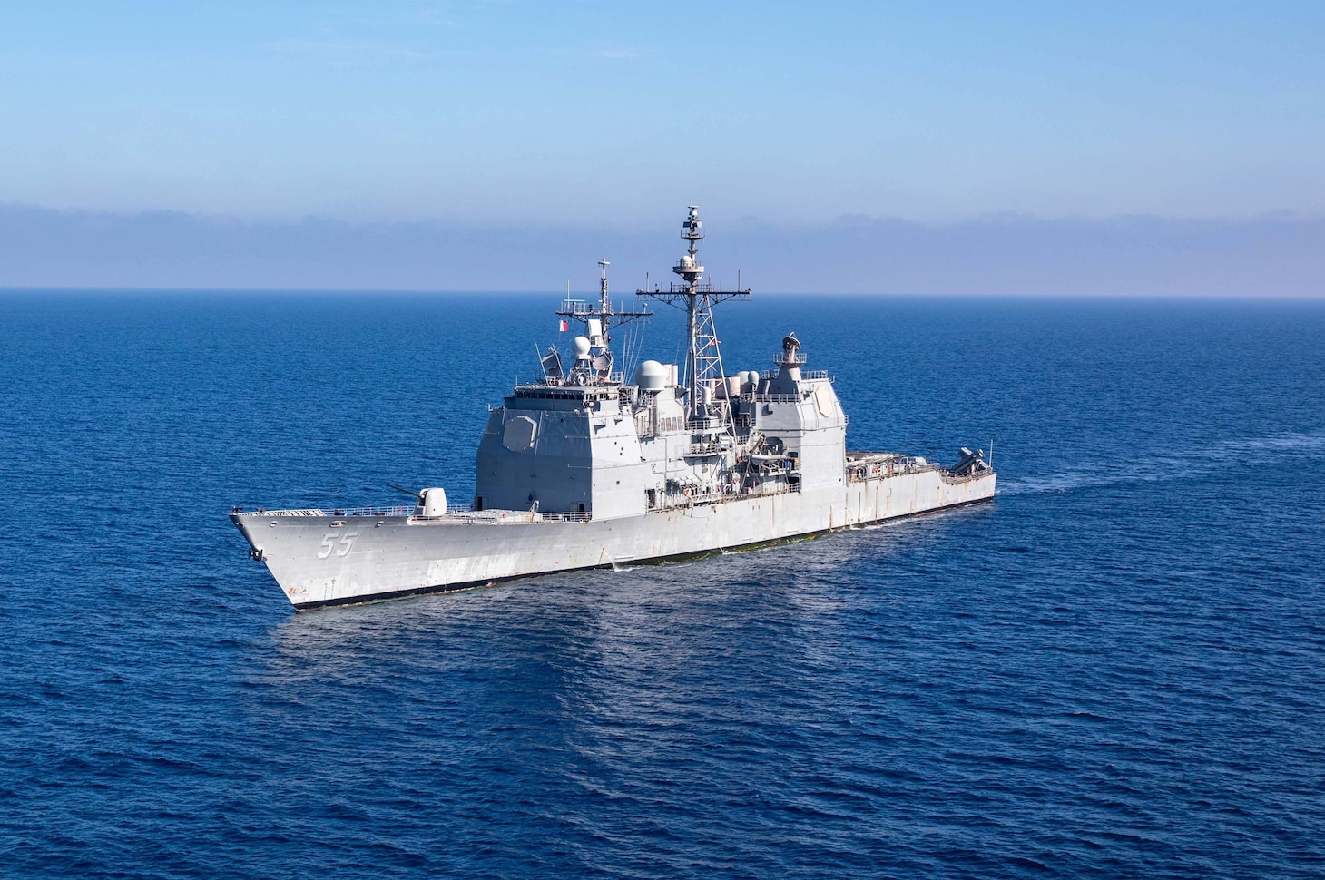 The Ticonderoga-class guided-missile cruiser USS Leyte Gulf (CG 55) transits the Ionian Sea during the NATO-led vigilance activity Neptune Strike 22.2 (NEST 22.2), Oct. 25, 2022.