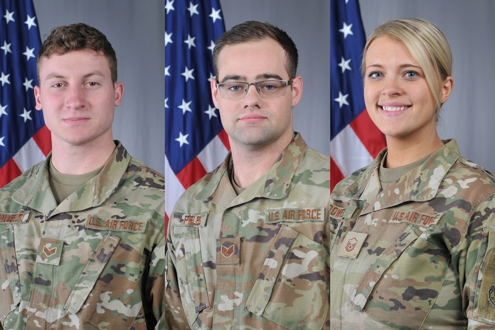 Senior Airman Charles Saulsbury, Staff Sgt. Tate Phelps, Master Sgt. Jessica Bowen