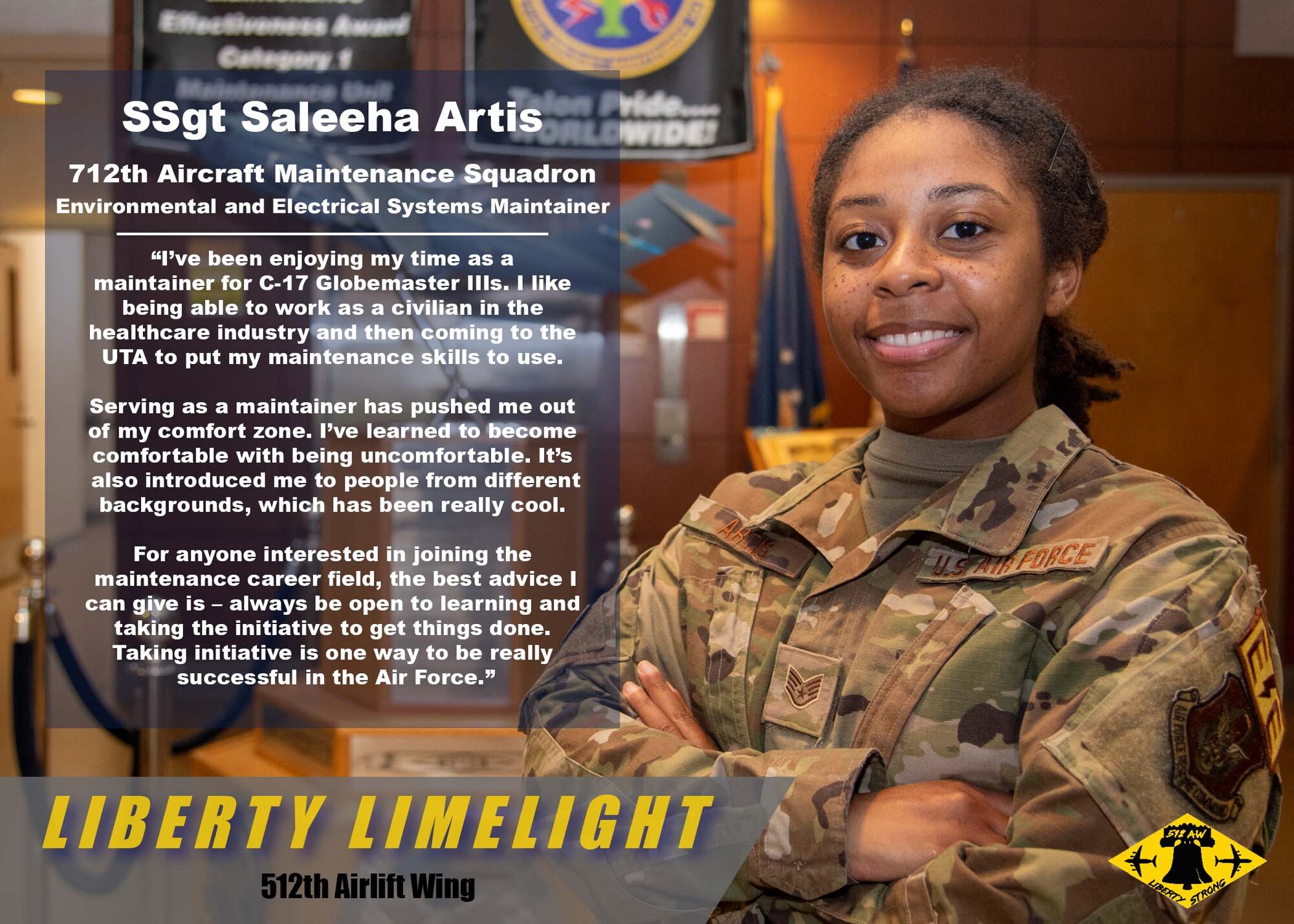 Staff Sgt. Saleeha Artis, 712th Aircraft Maintenance Squadron, poses for a photo on Dover Air Force Base, Delaware, Oct. 23, 2022. Artis is an environmental and electrical systems maintainer for C-17 Globemaster III aircraft. (U.S. Air Force illustration photo by Senior Airman Shayna Hodge)