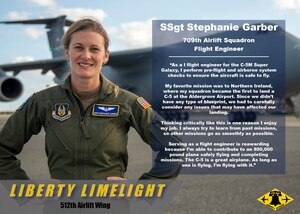 Staff Sgt. Stephanie Garber, 709th Aircraft Squadron flight engineer, poses in front of a C-5M Super Galaxy on Dover Air Force Base, Delaware, Nov. 5, 2022. Garber participated in a mission to Northern Island, where the 709th AS landed the first C-5 at Aldergrove Airport. (U.S. Air Force illustration photo by Senior Airman Shayna Hodge)