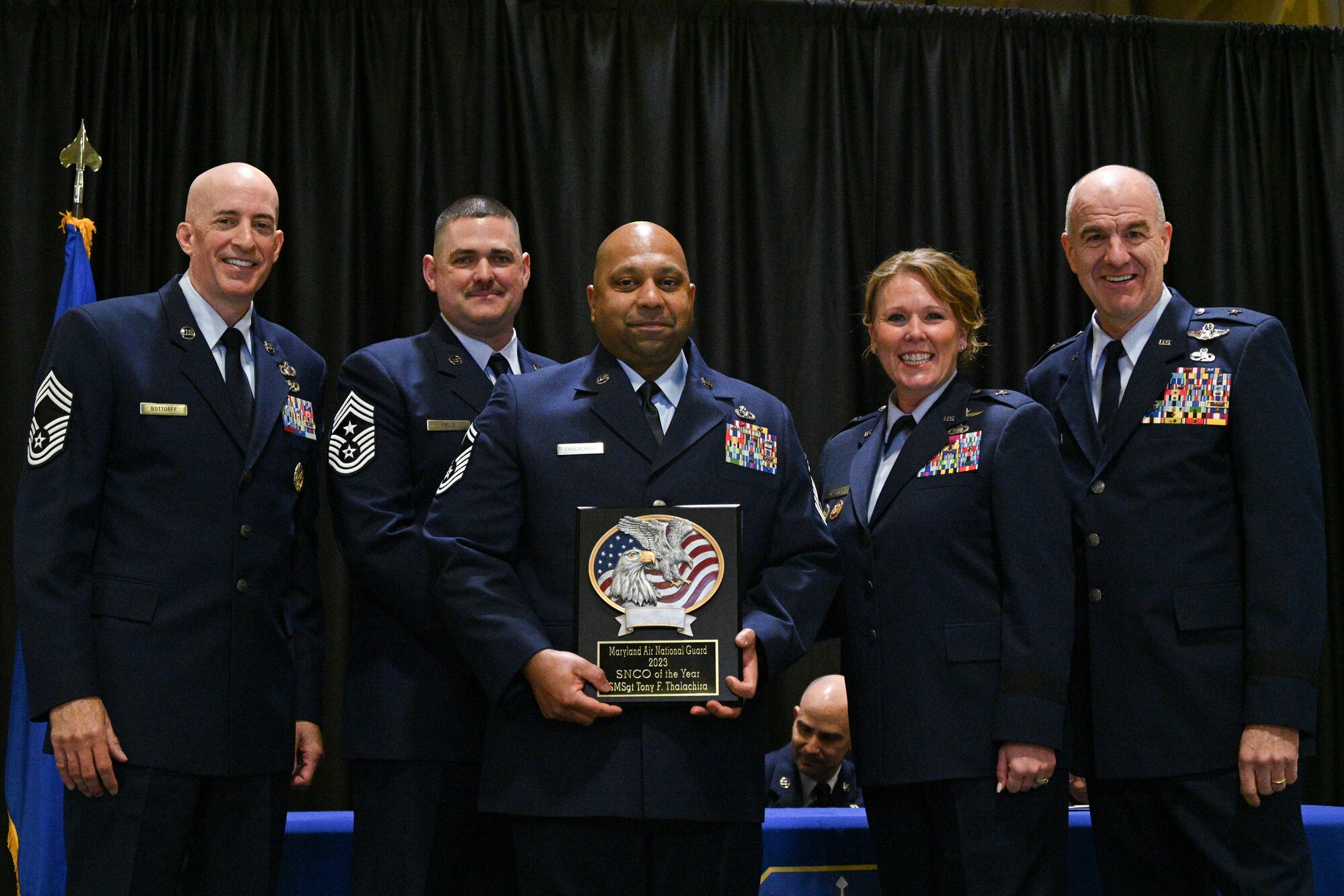 U.S. Air Force Senior Master Sgt. Tony F. Thalachira, 175th Wing senior non-commissioned officer of the Year, Maryland Air National Guard, receives a plaque at Warfield Air National Guard Base, Middle River, Maryland, during the 2022 Airman Recognition Ceremony, December 4, 2022.