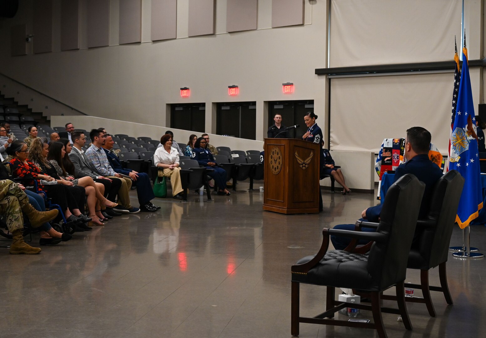 Ret. Chief Master Sgt. Billie Baber, former 960th Cyberspace Wing command chief, delivers a speech during her retirement ceremony, Nov. 4, 2022, at Joint Base San Antonio-Lackland, Texas. Baber entered the Air Force in 1996 and dedicated 26 years to military service. (U.S. Air Force photo by Staff Sgt. Adriana Barrientos)