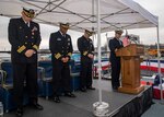 YOKOSUKA, Japan (Dec. 1, 2022) Lt. Samuel Cho, chaplain, addresses guests and crew during a change of command ceremony aboard Arleigh Burke-class guided-missile destroyer USS Howard (DDG 83), forward-deployed to Commander, Fleet Activities Yokosuka, Dec. 1. Howard is assigned to Commander, Task Force 71/ Destroyer Squadron (DESRON) 15, the Navy’s largest forward-deployed DESRON and the U.S. 7th fleet’s principal surface force. (U.S. Navy photo by Mass Communication Specialist 3rd Class Santiago Navarro)