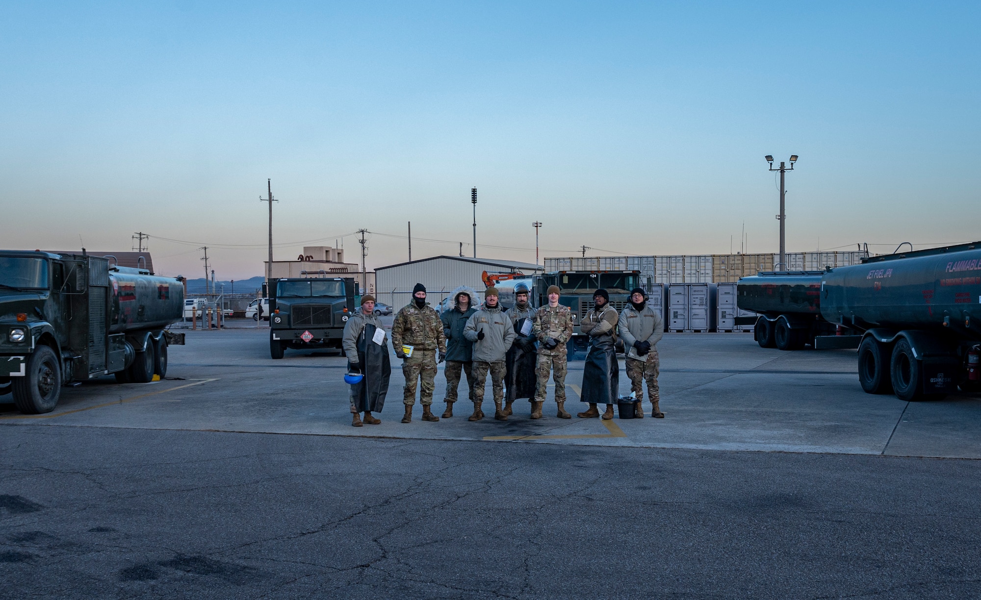U.S. Air Force 51st Logistics Readiness Squadron petroleum, oils and lubricants Airmen pose for a photo during checkpoint inspections at Osan Air Base, Republic of Korea, Dec. 1, 2022.