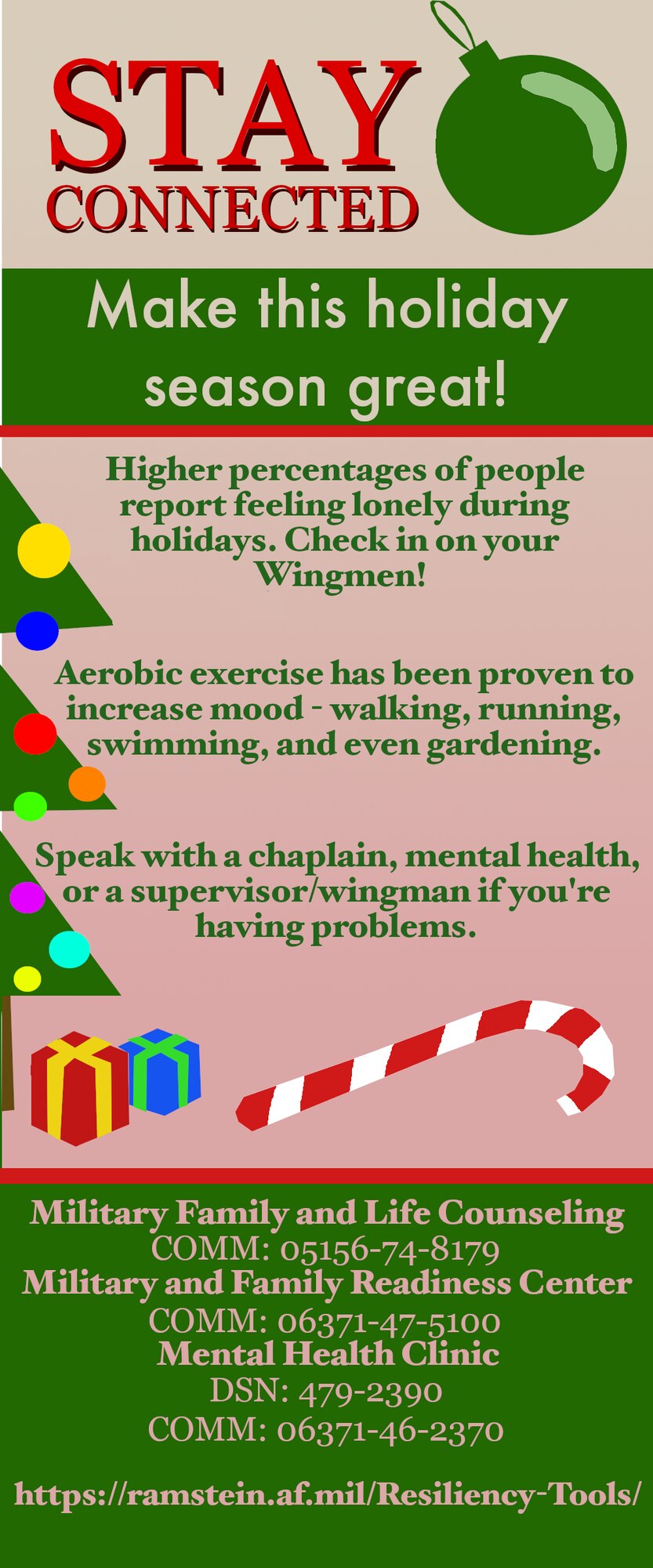 This graphic outlines resources available to service members as well as tips that may improve mental health during the holiday season at Ramstein Air Base, Germany. (U.S. Air Force graphic by Senior Airman Johnny Foister)