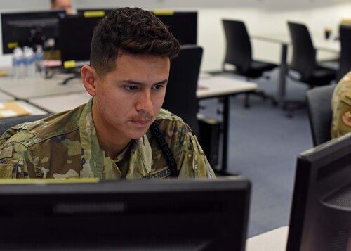 U.S. Space Force Specialist 2 Justin Boczon, 315th Training Squadron student, analyzes potential threats during the Operation Lone Star capstone at Goodfellow Air Force Base, Texas, Nov. 28, 2022. Operation Lone Star has been developed to simulate current combat scenarios. (U.S. Air Force photo by Airman 1st Class Sarah Williams)