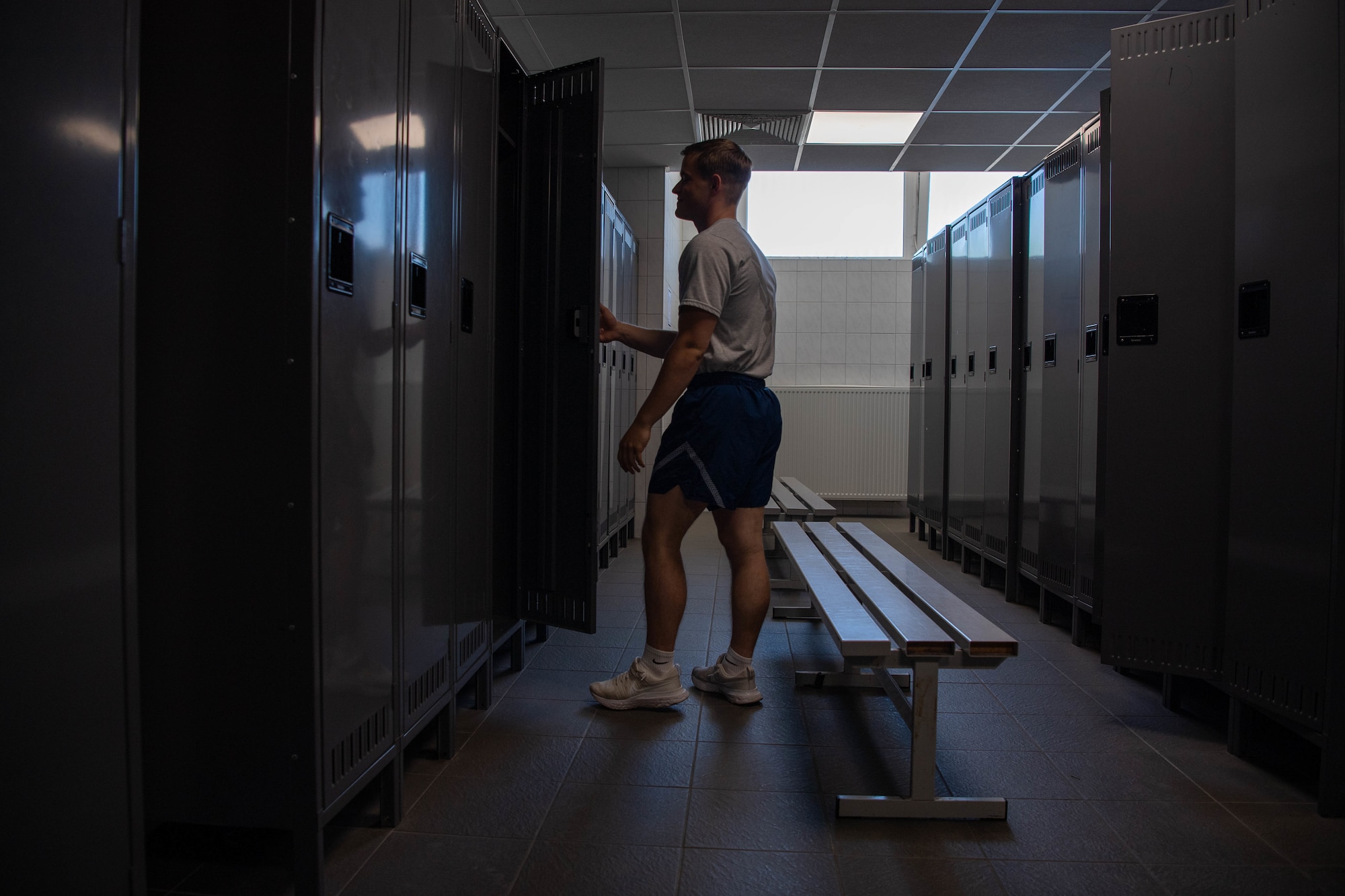 A U.S. Air Force Airman uses lockers prior to an upgrade in the Northside Fitness Center at Ramstein Air Base, Aug. 8, 2022.