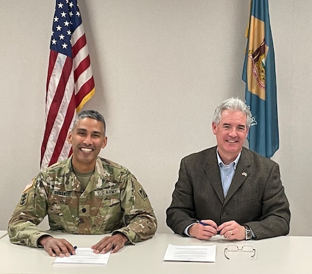 USACE Philadelphia District Commander Lt. Col. Ramon Brigantti and Delaware Department of Natural Resources and Environmental Control Secretary Shawn M. Garvin signed a feasibility cost sharing agreement for the Delaware Inland Bays Study on Nov. 29, 2022.