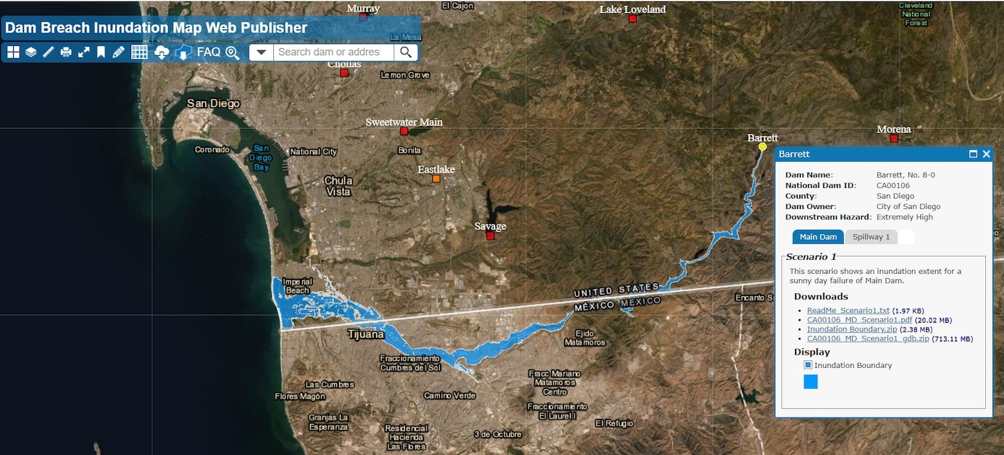 Graphical map of potential Barrett Dam inundation flow.