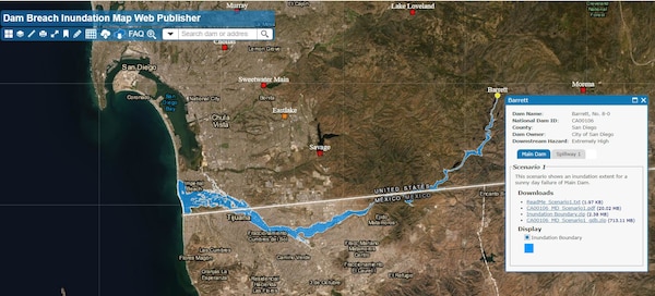 Graphical map of potential Barrett Dam inundation flow.