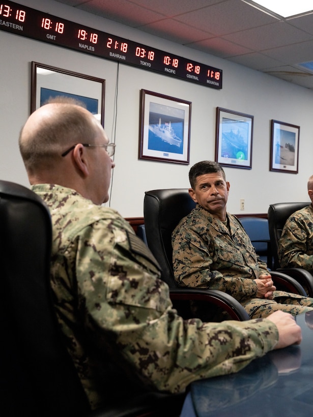 John F. Kelliher III, deputy commander of Fleet Marine Force, Atlantic, Marine Forces Command, Marine Forces Northern Command, attends a conference meeting discussing a visit to the Wasp-class amphibious assault ship USS Iwo Jima (LHD 7),  Joint Expeditionary Base–Little Creek, Virginia, Nov. 29, 2022. Historically, LHD 7 was launched on Feb. 4, 2000, and was christened by its sponsor, Mrs. Zandra Krulak, wife of Commandant of the Marine Corps Gen. Krulak, Pascagoula, Mississippi, March 25, 2000. The visit served as an opportunity to bring cohesion to both commands' combined efforts and align respective subordinate commands in this progressive step for Navy and Marine Corps integration. (U.S. Marine Corps photo by Cpl. Hannah Adams)