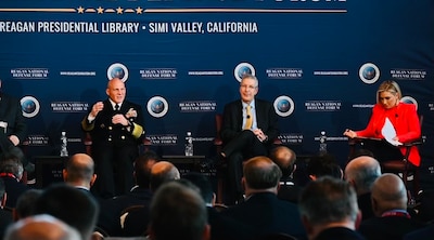 SIMI VALLEY, Calif. (Dec. 3, 2022) – Chief of Naval Operations Adm. Mike Gilday addresses members during a panel discussion, Restoring Strength at Home: Toward a Robust and Resilient Industrial Base, at the Reagan National Defense Forum (RNDF), Simi Valley, Calif., Dec. 3, 2022. The RNDF brings together political leaders and defense community stakeholders to review and assess policies that strengthen America’s national defense in the context of the global threat environment. (U.S. Navy photo by Lt. Michael Valania/Released)