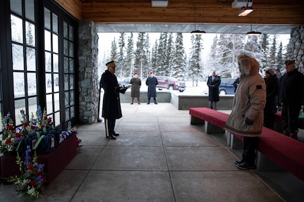 U.S Army Lt. Col. Eun Kim, deputy installation chaplain, left, officiates an unaccompanied funeral service for the remains of five veterans at the Fort Richardson National Cemetery on Joint Base Elmendorf-Richardson, Alaska, Nov. 30, 2022. The Department of Military and Veterans Affairs works jointly with the federally recognized non-profit organization Missing in American Project in locating, identifying and interring the unclaimed cremated remains of veterans with full honors and ceremony. (Alaska National Guard photo by Victoria Granado)