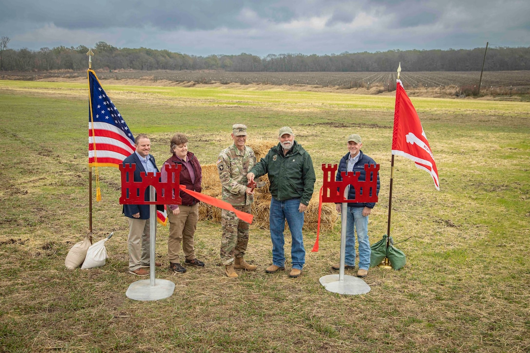 Memphis District Commander Col. Brian Sawser, district leadership, project delivery team members, and Project Partner Yazoo Mississippi Delta Levee Board, gathered for a ribbon cutting ceremony today, Nov. 15, 2022, to celebrate the completed Sherard Seepage Remediation Construction Project. 

Location: Coahoma County, Mississippi
Contract Amount: $1,800,000
Substantial Completion Date: Oct. 17, 2022
Contractor: Syte Corporation 
Project Partner: Yazoo Mississippi Delta Levee Board