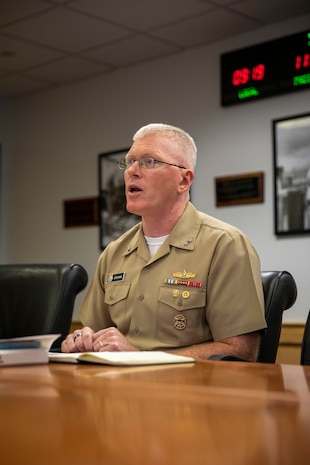 U.S. Navy Rear Adm. John Wade, Joint Task Force-Red Hill (JTF-RH) Commander, speaks to the Fuel Tank Advisory Committee (FTAC) held virtually onboard Joint Base Pearl Harbor-Hickam, Hawaii, Nov. 9, 2022.