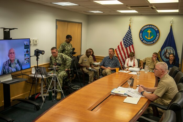 U.S. Navy Rear Adm. John Wade, Joint Task Force-Red Hill (JTF-RH) Commander, speaks to the Fuel Tank Advisory Committee (FTAC) held virtually onboard Joint Base Pearl Harbor-Hickam, Hawaii, Nov. 9, 2022.