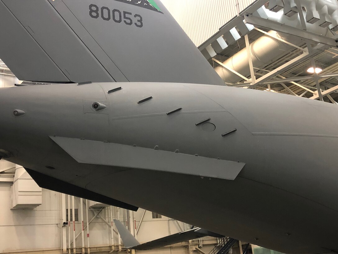 The drag reduction devices known as Microvanes are shown on the aft-end of a C-17 Globemaster III at Joint Base Lewis-McChord, Washington. U.S. Air Force photo.