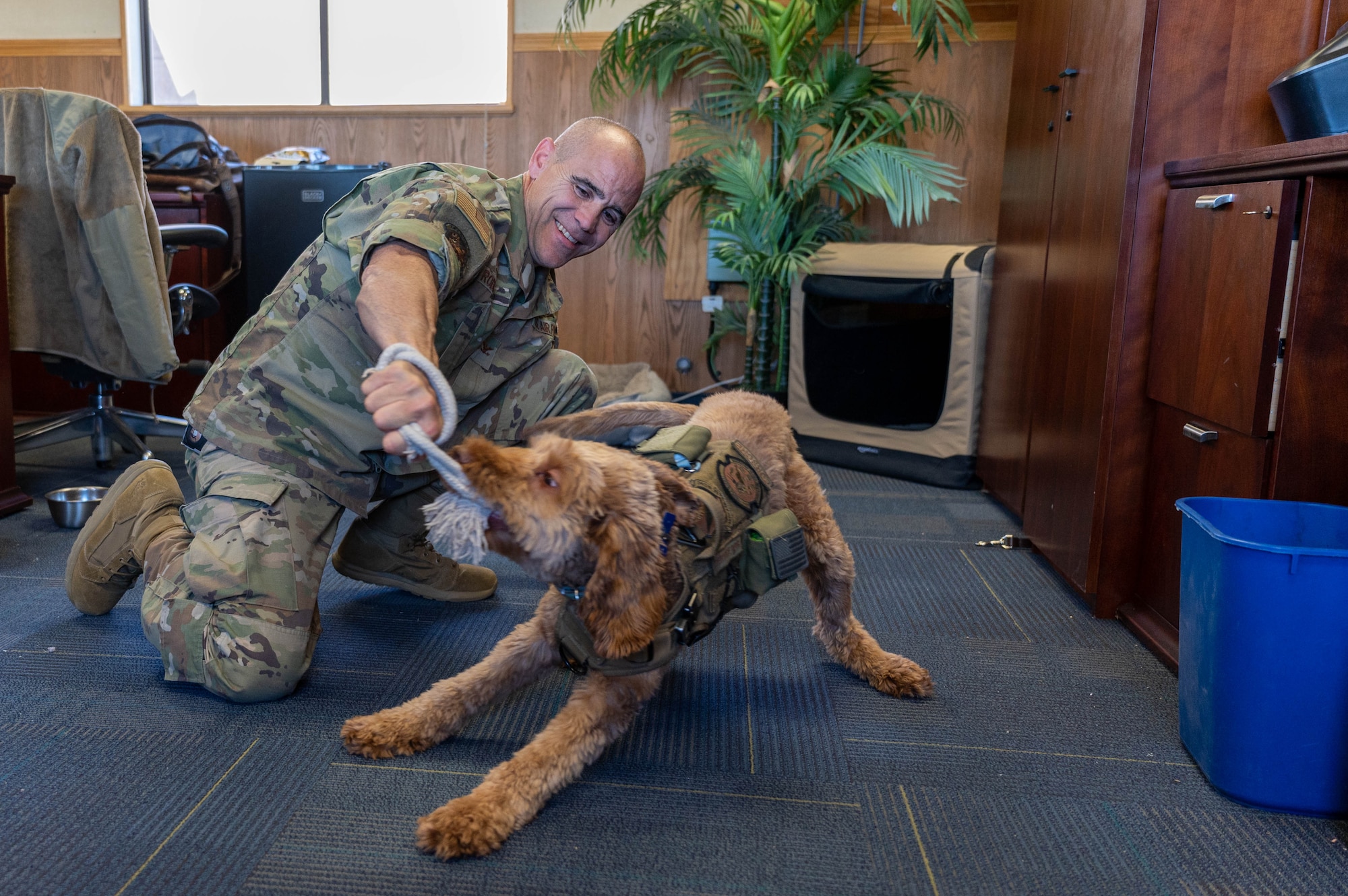 U.S. Air Force Col. Adam Roberts, the 555 RED HORSE Squadron commander, and his service dog, Porsche, take a moment to bond and play tug-of-war at Nellis Air Force base, Nevada, September 20, 2022. Roberts trained Porsche to function as a service animal and to be able to engage with fellow Airmen by accepting vulnerability. (U.S. Air Force photo by Staff Sgt. Timothy Leddick) (this photo has been edited to enhance the subjects)