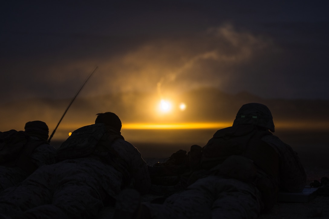 U.S. Marines with 1st Marine Division call for fire using illumination rounds as part of a fire support coordination exercise during Steel Knight 23 at Marine Corps Air Ground Combat Center Twentynine Palms, California, Dec. 1, 2022. Steel Knight is an annual combined arms live-fire exercise which ensures 1st MARDIV is optimized for naval expeditionary warfare in contested spaces, and is purpose-built to facilitate future operations afloat and ashore. (U.S. Marine Corps photo by Lance Cpl. Barton)