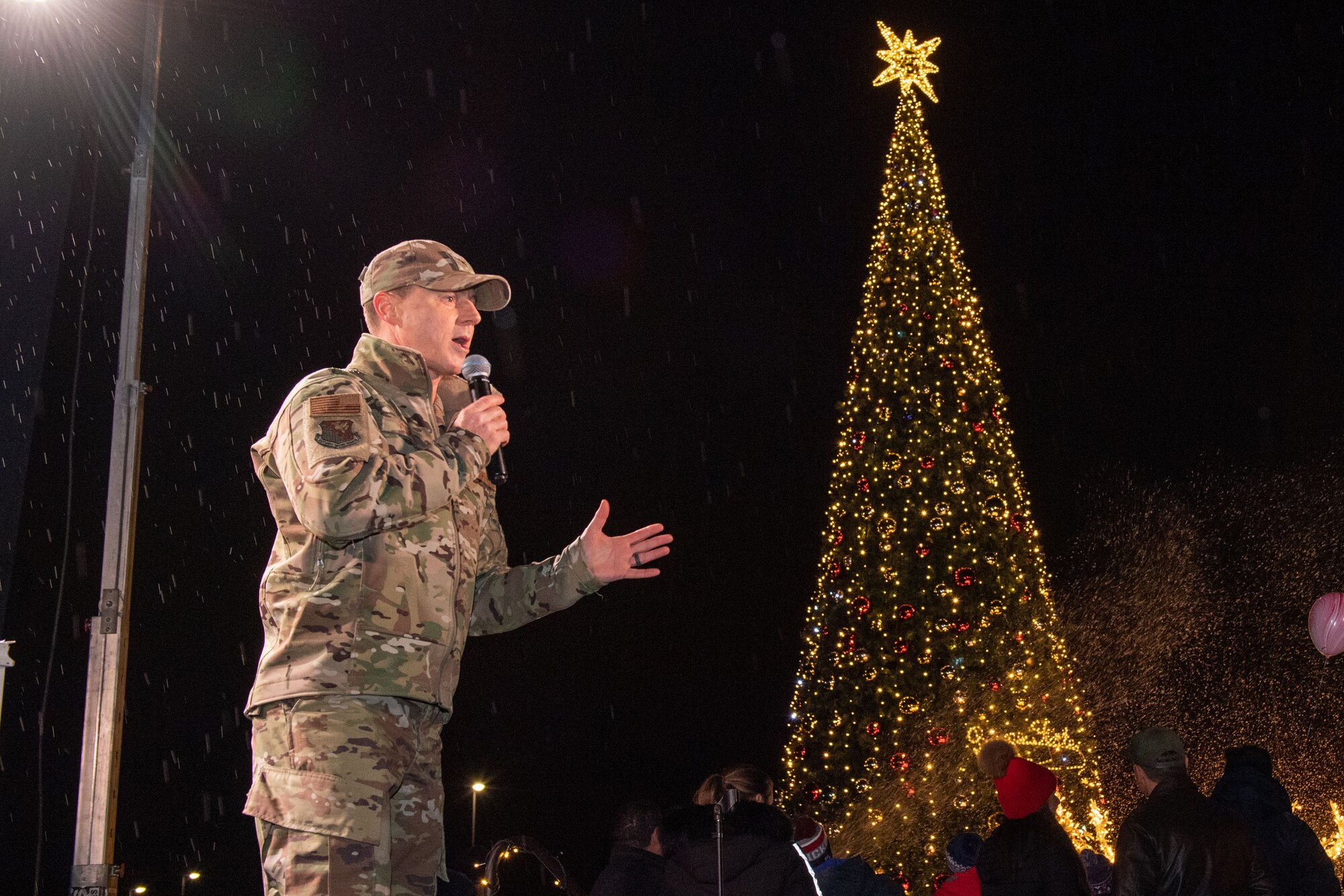 U.S. Air Force Brig. Gen. Tad Clark, 31st Fighter Wing commander, speaks at the tree lighting ceremony during the Wyvern Wonderland holiday event