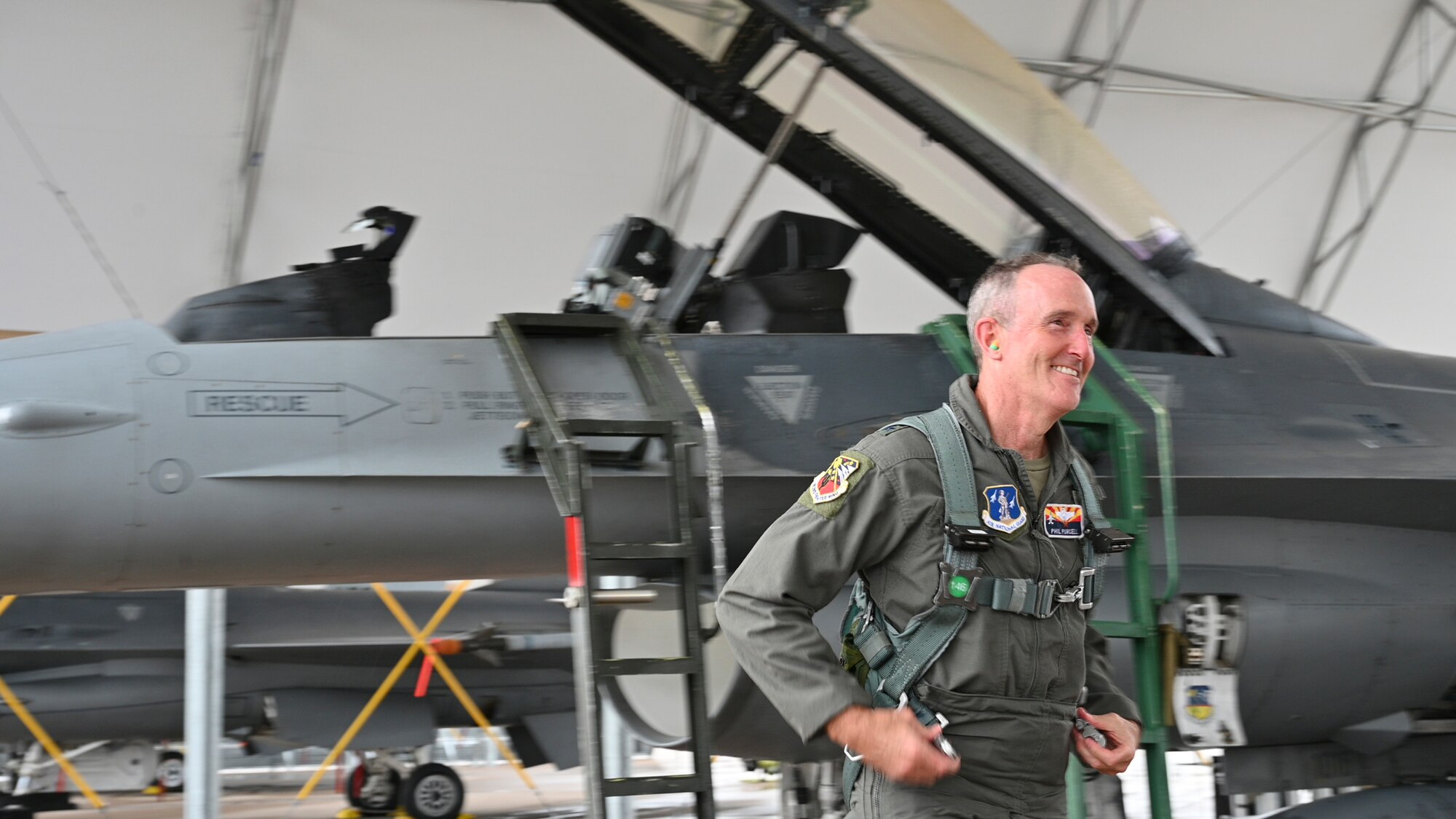 During his final day with the men and women of the wing, Maj. Gen. Howard P. Purcell took one last flight in the F-16 Fighting Falcon, Dec. 3 with wingmen the 162nd Wing Commander Brig. Gen. Jeffery L. Butler, Vice Wing Commander Col. Brant Putnam, Operations Group Commander Col. Thomas Obrochta, and Instructor Pilot Lt. Col Robert Hadley. (U.S. Air National Guard photo by Capt. Lacey Perry)