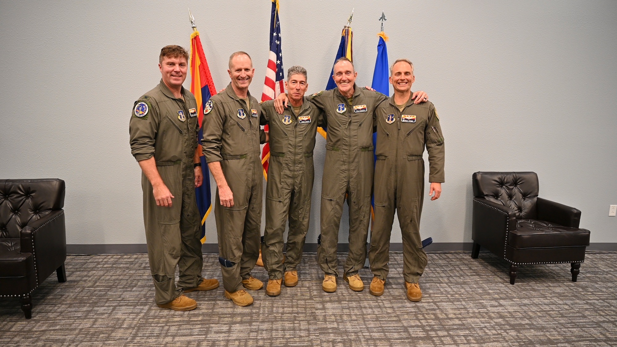 During his final day with the men and women of the wing, Maj. Gen. Howard P. Purcell took one last flight in the F-16 Fighting Falcon, Dec. 3 with wingmen the 162nd Wing Commander Brig. Gen. Jeffery L. Butler, Vice Wing Commander Col. Brant Putnam, Operations Group Commander Col. Thomas Obrochta, and Instructor Pilot Lt. Col Robert Hadley. (U.S. Air National Guard photo by Capt. Lacey Perry)