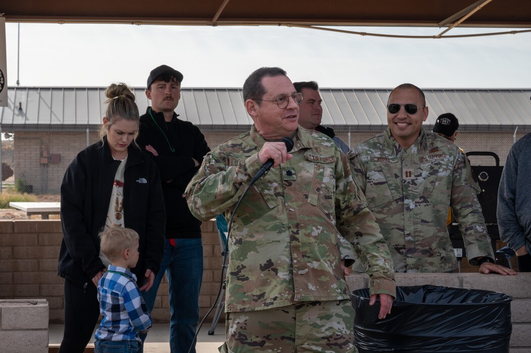 U.S. Air Force Lt. Col. Jason English, 56th Fighter Wing chaplain speaks during the Saint Barbara’s Cactus Day Bash celebration Dec. 4, 2022, at Luke Air Force Base, Arizona.