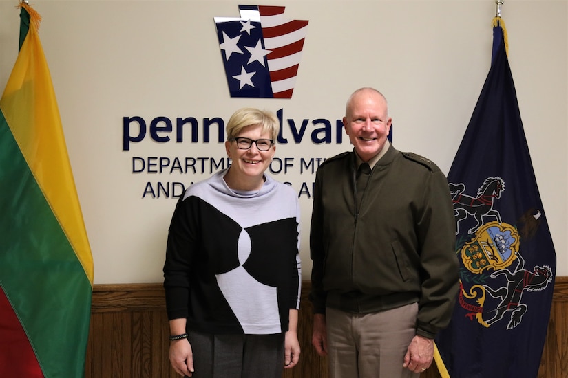 U.S. Army Maj. Gen. Mark Schindler, the Adjutant General of Pennsylvania, welcomes the Prime Minister of Lithuania, Ingrida Šimonytė, to Fort Indiantown Gap to tour the base and learn more about the Pennsylvania National Guard’s partnership with the Lithuanian Armed Forces.