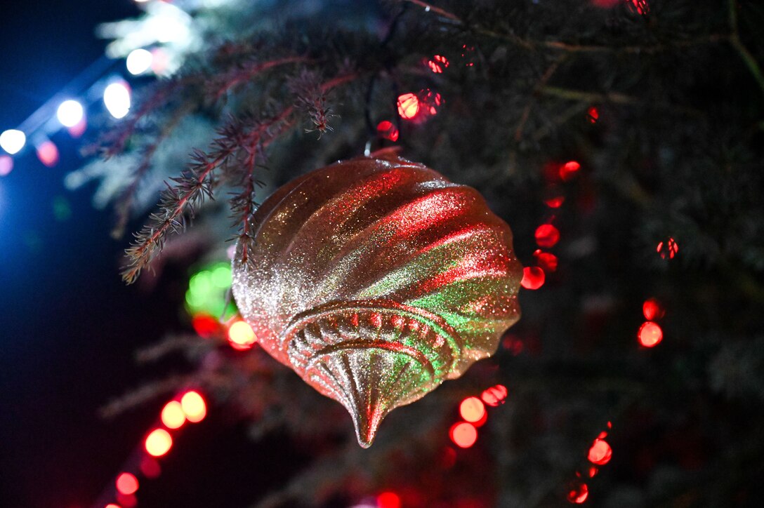A holiday ornament on a tree.