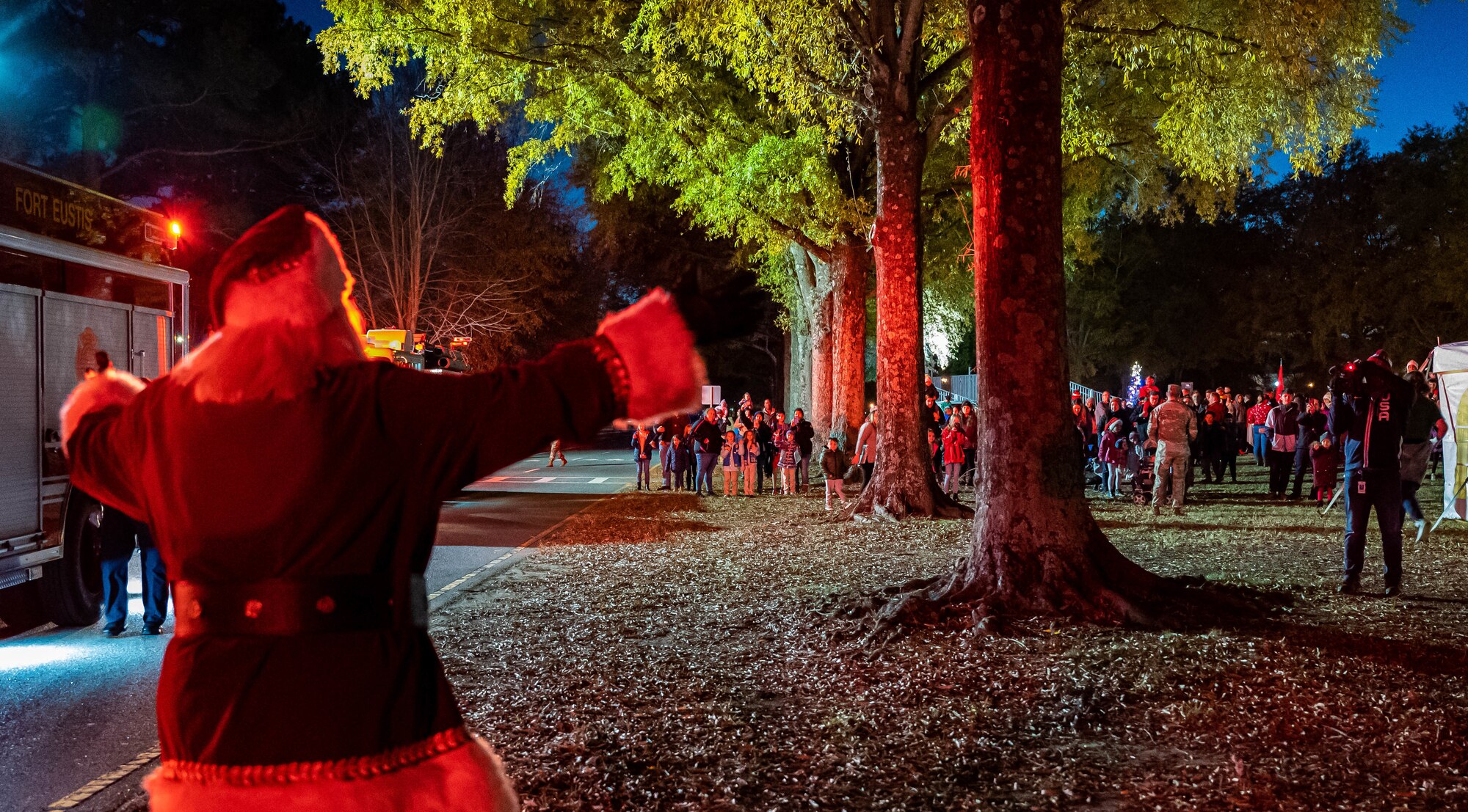 Santa greets children from the Fort Eustis community during the annual tree lighting ceremony at Joint Base Langley-Eustis, Virginia, Dec. 2, 2022.