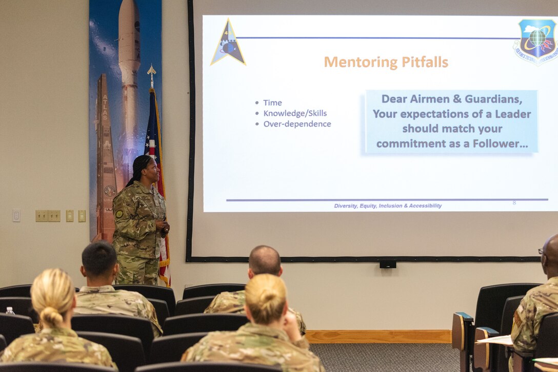 Space Launch Delta 45 rolls out a new First Term Airman and Guardian Course mentorship program called ‘Everyone Wins with Mentoring’ on Oct. 13, 2022. The program paired up 13 mentees with 15 mentors and will run for 4 months. (U.S. Space Force photo by Deanna Murano)