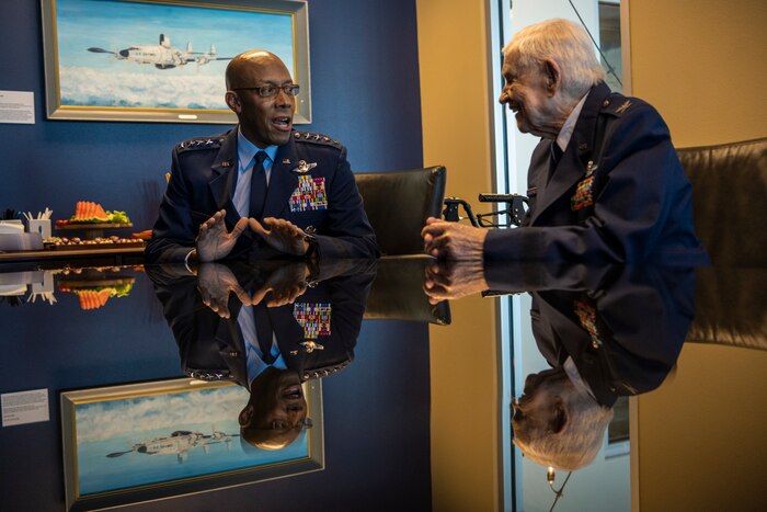 Retired Brig. Gen. Clarence E. “Bud” Anderson cuts a celebratory cake after an honorary promotion ceremony presided over by Air Force Chief of Staff Gen. CQ Brown, Jr. at the Aerospace Museum of California in McClellan, Calif., Dec. 2, 2022. The ceremony was an opportunity to honor the 100-year-old World War II triple ace during the 75th anniversary year of the U.S. Air Force’s establishment as a military service. (U.S. Air Force photo by Nicholas Pilch)
