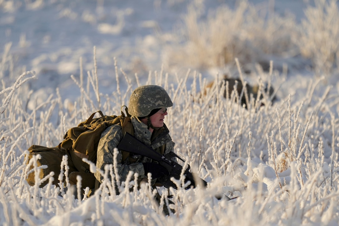 An Army ROTC cadet crouches in tall frozen vegetation, with another crouching troop nearby.