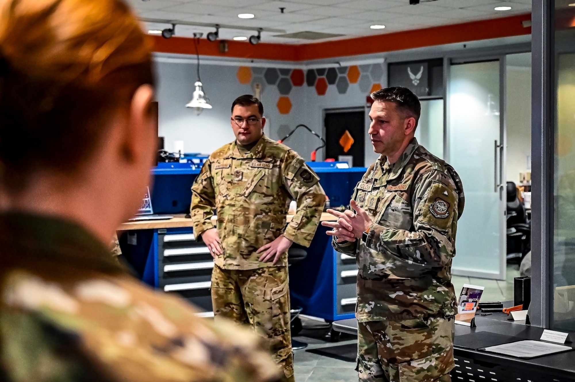 Chief Master Sgt. David Kolcun, 305th Air Mobility Wing command chief, speaks to team members with the Innovation Lab at Joint Base McGuire-Dix-Lakehurst, N.J. on Dec. 5, 2022. The 305th Innovation Lab was acknowledged for its numerous contributions to the Joint Base and Air Mobility Command.