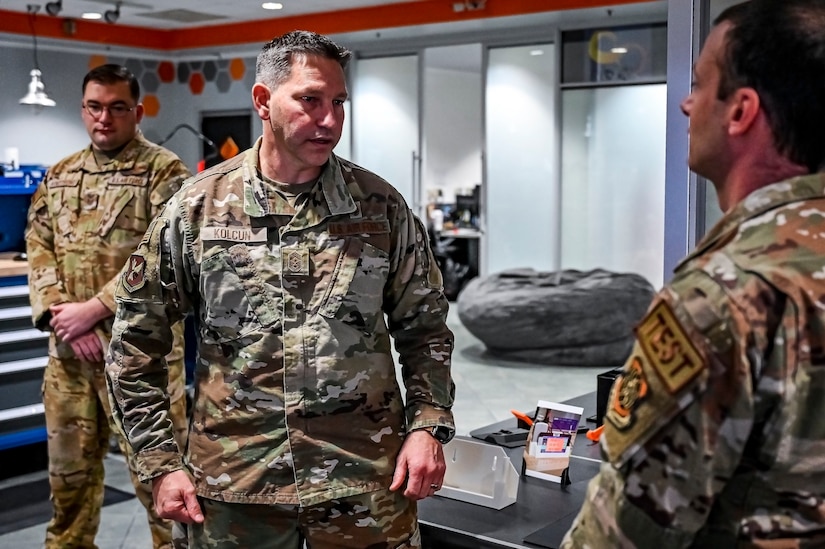 Chief Master Sgt. David Kolcun, 305th Air Mobility Wing command chief, speaks to team members with the Innovation Lab at Joint Base McGuire-Dix-Lakehurst, N.J. on Dec. 5, 2022. The 305th Innovation Lab was acknowledged for its numerous contributions to the Joint Base and Air Mobility Command.