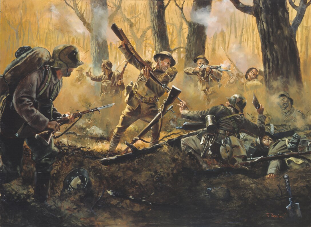 During World War I, the 28th Division, Pennsylvania National Guard, received its baptism of fire on July 15, 1918, during the German Army's Champagne-Marne Offensive. Four companies from the 28th were attached to a French division on the front line, while the rest of the division took up second-line defense positions. Two of the companies, L and M, were from the 109th Infantry Regiment made of the old 1st and 13th Pennsylvania Regiments. In the early hours of July 15, the German 36th Division crossed the Marne River and attacked the Allied front. When the adjacent French units fell back, L and M Companies were surrounded. Wave after wave of Germans attacked the Pennsylvanians. Despite the overwhelming odds, the two companies stubbornly held their position and inflicted heavy casualties. At 0800 the remnants of L and M Companies withdrew and fought their way back to the front line of the 109th, five kilometers away. Of the 500 assigned officers and men only 150 remained. The brunt of the German offensive now fell on the 109 Infantry and the other units of the 28th Division. For three days, the 109th held its positions while under heavy attack. Fighting in ravines, woods and trenches, the doughboys fought like veterans. A German after-action report described the battle as "the most severe defeat of the war." For its staunch defense the 109th was nicknamed "Men of Iron" and the 28th was later dubbed the "Iron Division." ("Men of Iron," a National Guard Heritage Painting by Don Troiani, courtesy the National Guard Bureau)