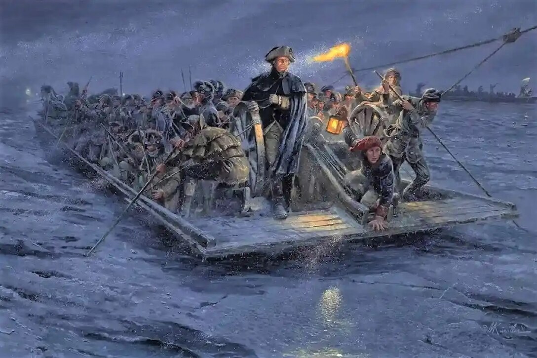 In this painting by Mort Künstler, Gen. George Washington leads the Continental Army across the Delaware River on the night of Dec. 25-26, 1776. The Army, which included Pennsylvania Associator Artillery battalion’s 1st Company of six guns and the Philadelphia Light horse, conducted a successful surprise attack on the Hessian Brigade in Trenton, New Jersey