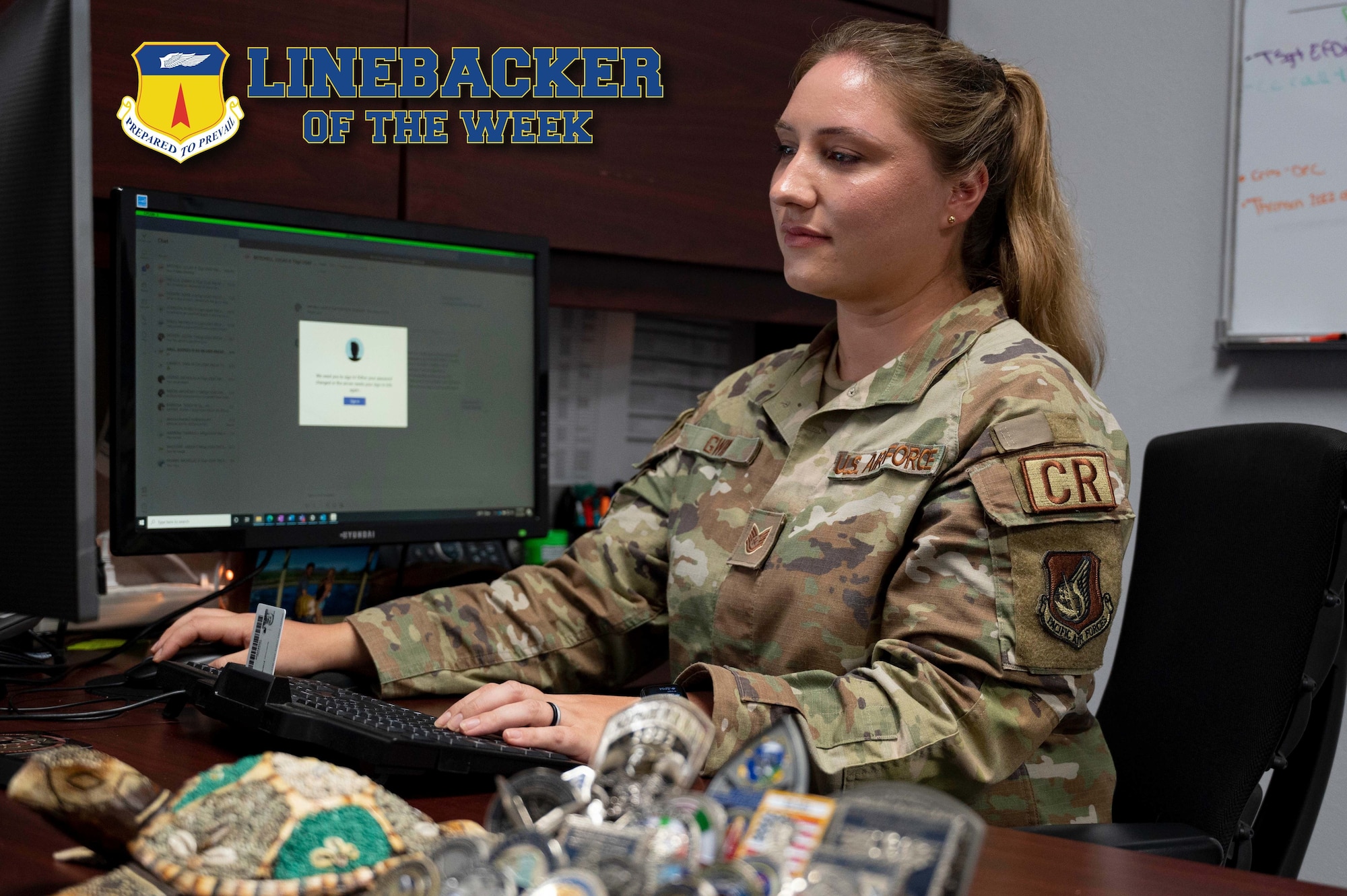 U.S. Air Force Tech. Sgt. Analise Gwin, the noncommissioned officer in charge of the commander’s support staff assigned to the 36th Contingency Response Support Squadron, works on her computer at Andersen Air Force Base, Guam, Dec. 2, 2022. As the NCOIC of CSS, Gwin is the principal advisor to the commander, first sergeant and senior enlisted leader for evaluations, awards and decorations, and personnel programs.  (U.S. Air Force photo illustration by Airman 1st Class Emily Saxton)