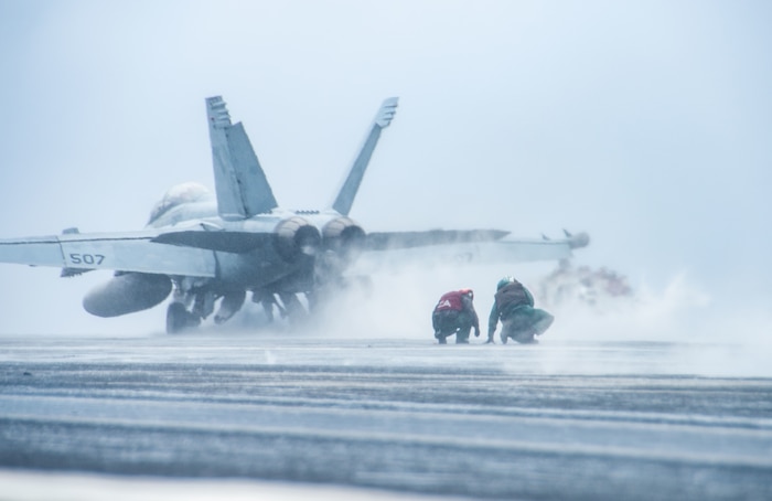 EA-18G Growler launches from the USS Ronald Reagan