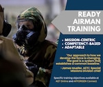 U.S. Air Force graphic for Ready Airman Training with a photo and text. RAT is designed to train Airmen undergoing the reset, prepare and ready phases of AFFORGEN and has been shaped through efforts of Air Education and Training Command experts during 2022.
