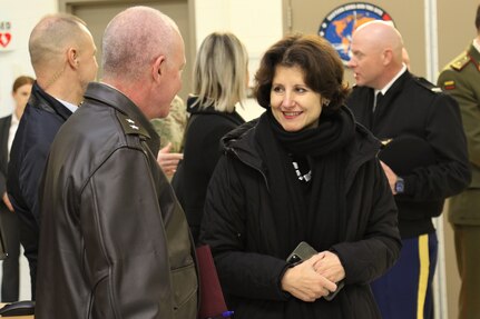 U.S. Army Maj. Gen. Mark Schindler, the Adjutant General of Pennsylvania, welcomes the Lithuanian ambassador to the U.S. and Mexico, Audra Plepyte, to Fort Indiantown Gap as she tours the base and learns more about the Pennsylvania National Guard’s partnership with the Lithuanian Armed Forces.